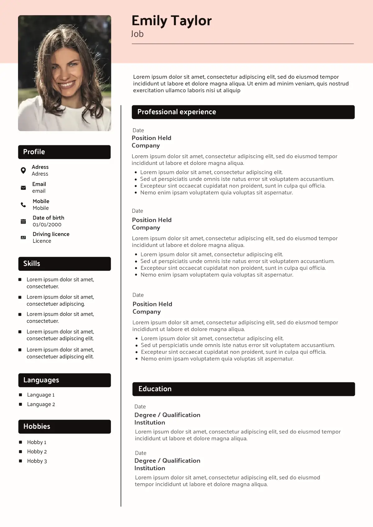 pink CV template