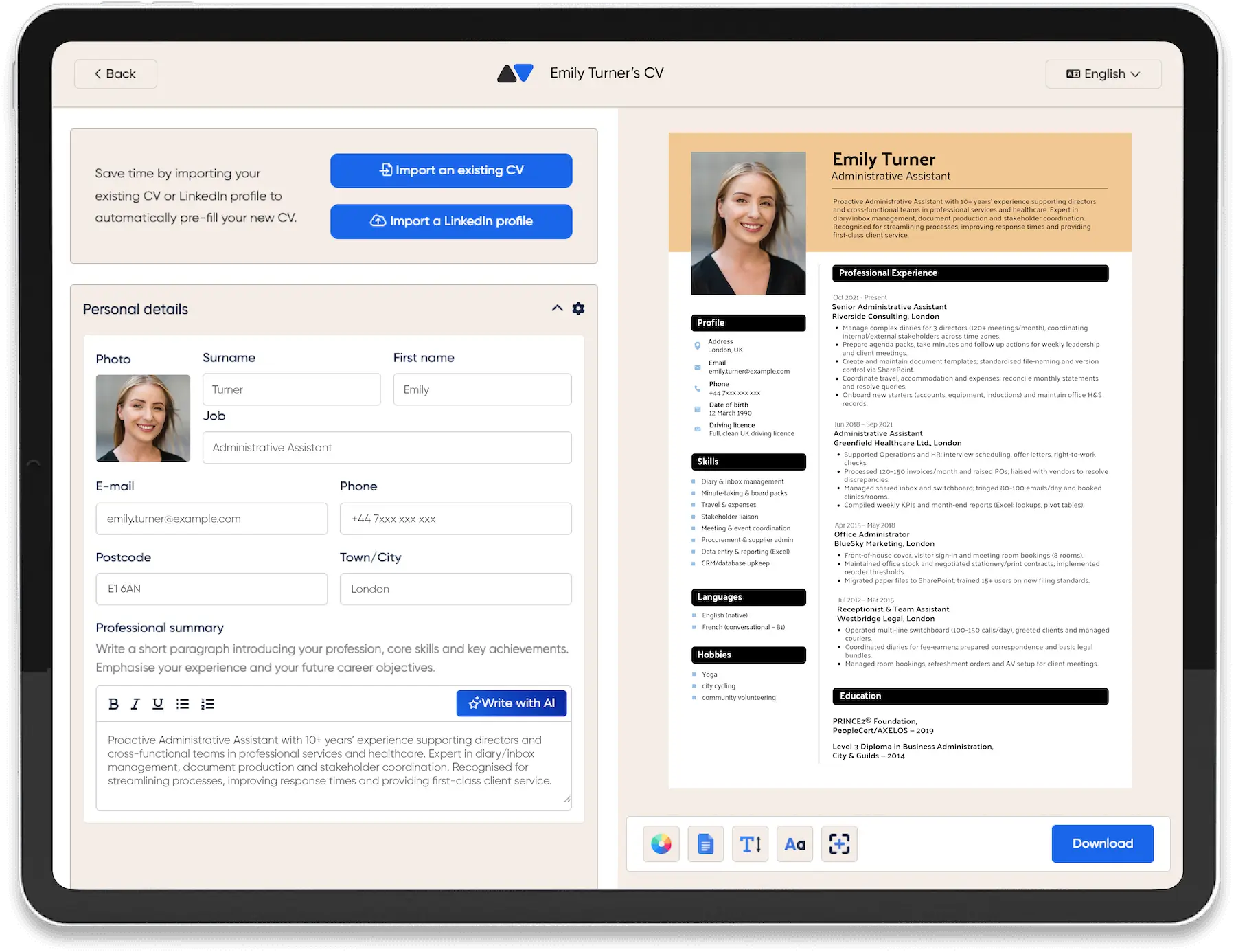Online CV creation tool